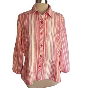 Coldwater Creek 100% Linen Striped Button Up Top Roll Tab Sleeve Sz LARGE Casual